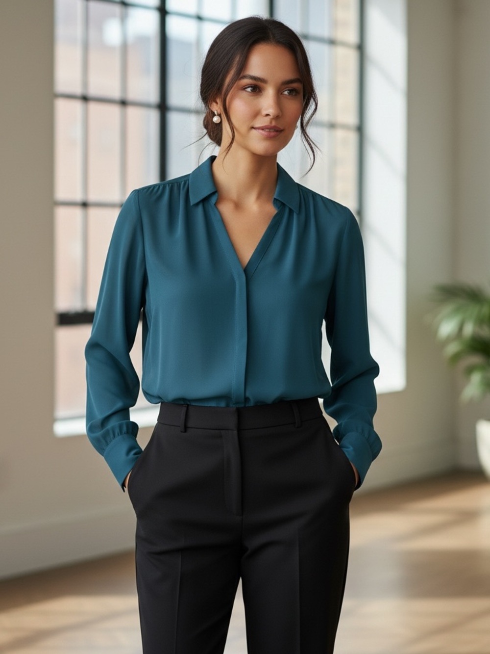 Worthington Deep Teal sheer Button-Down Blouse Size PS